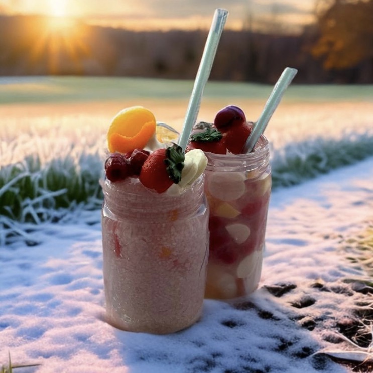 A picture of 2 pink smoothies topped with fruit in a snowy outdoor scene